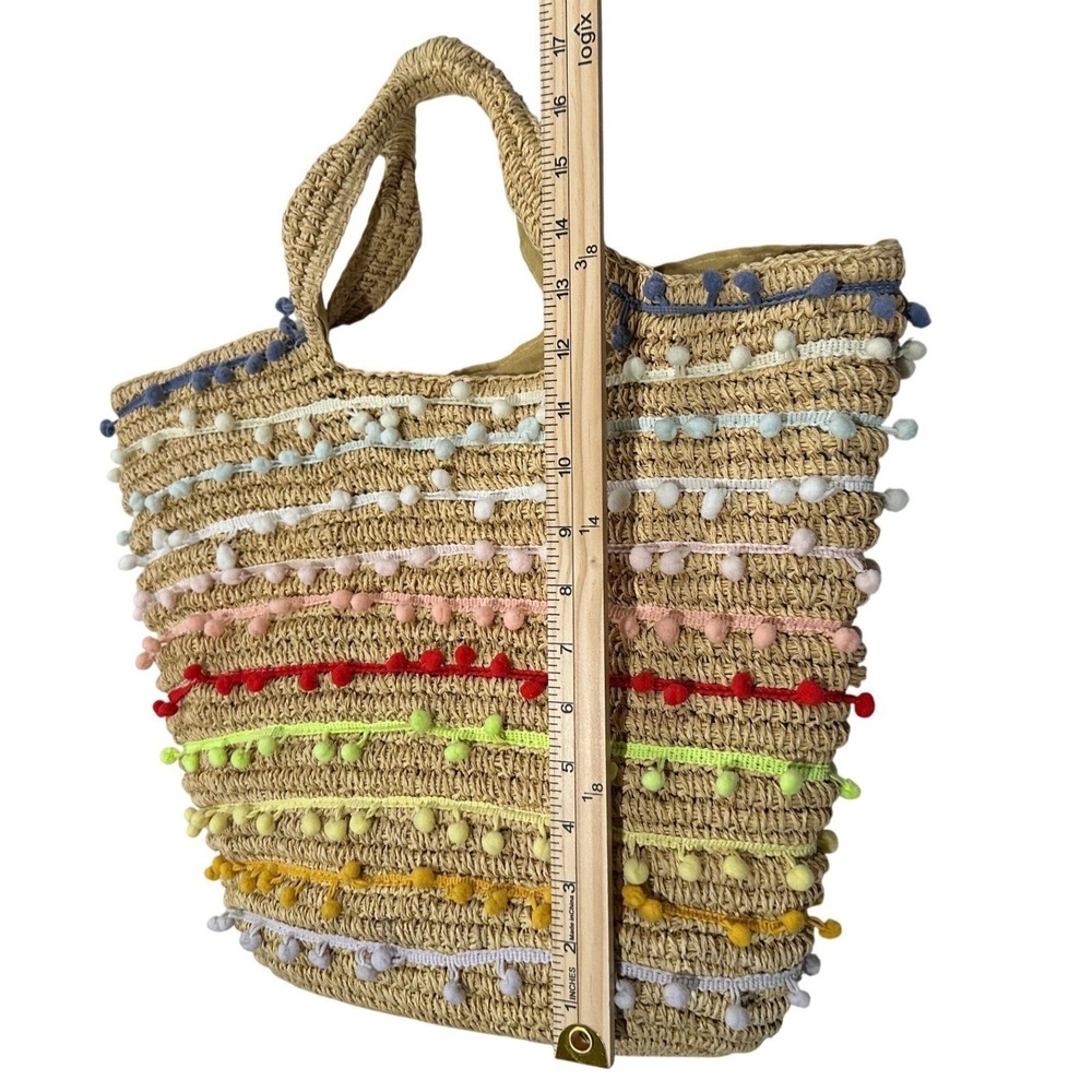 Bay Sky Rainbow Pom‎ Pom Straw Tote Beach Bag Boho Summer Woven Handbag - Picture 10 of 12